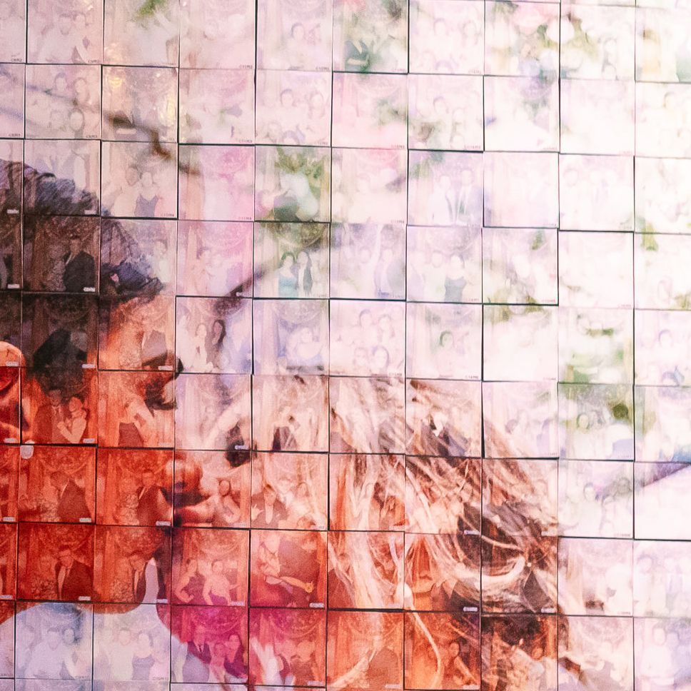 Close-up of couple kissing, overlaid with a grid of transparent squares, floral background, soft colors.