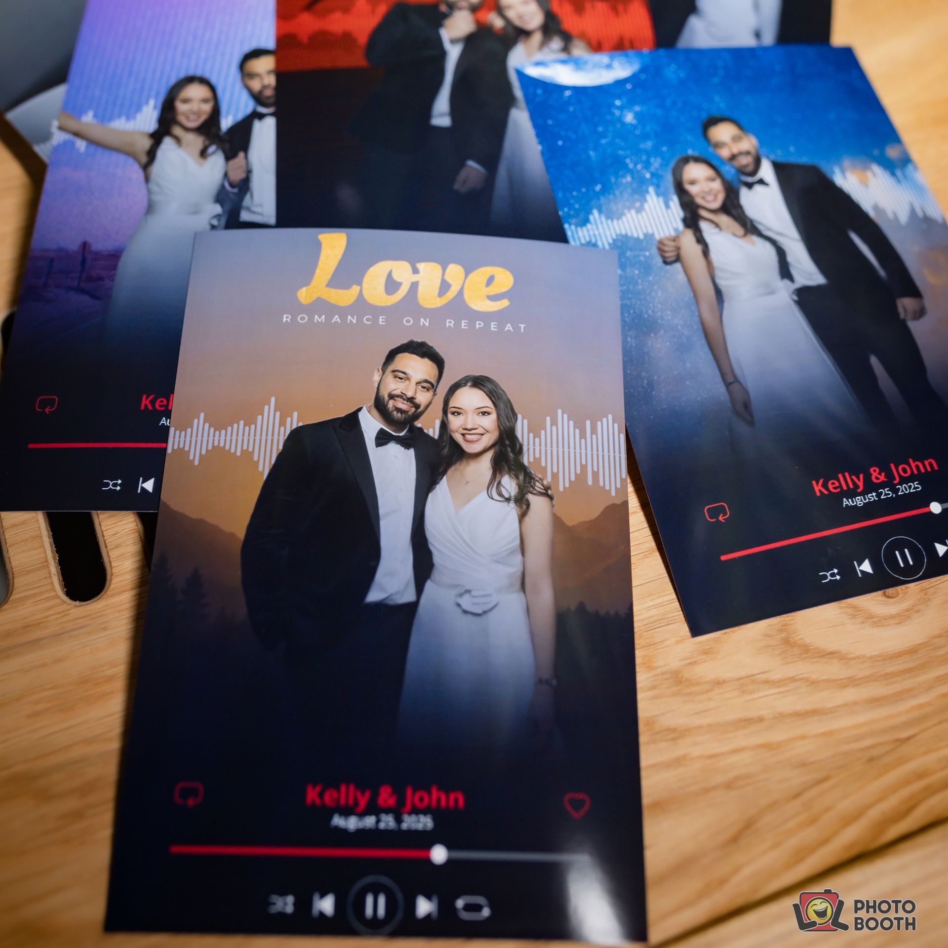 Wedding photo booth prints featuring a couple in formal wear; background includes