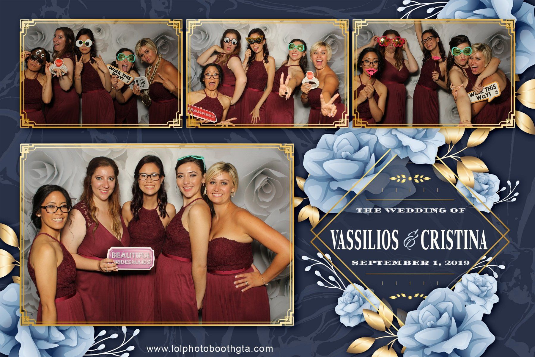 Photo booth strip at a wedding; women in maroon dresses pose with props against a floral backdrop.