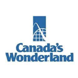 Logo for Canada's Wonderland: Blue text, white background, a blue square with a white roller coaster illustration.