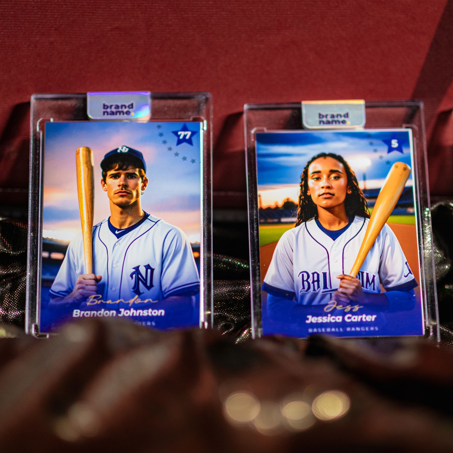 Two baseball cards. Brandon Johnston holds bat, blue uniform. Jessica Carter also in blue uniform.