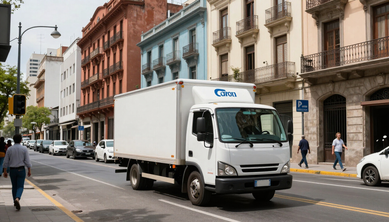 Camión de reparto blanco circulando por una calle de la ciudad, pasando junto a coloridos edificios y peatones.