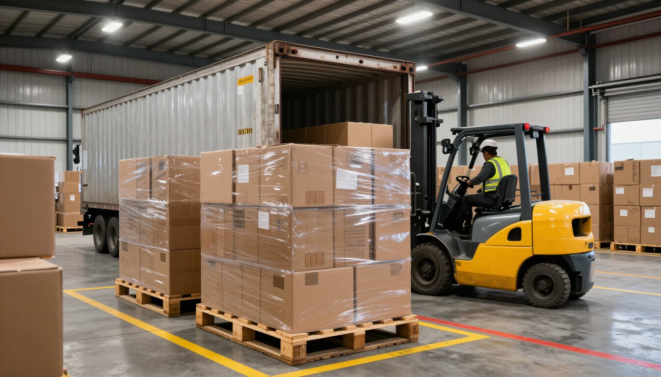 Una carretilla elevadora en un almacén mueve cajas paletizadas junto a un contenedor de envío.