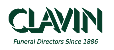 Logo for Clavin Funeral Directors since 1886 in teal with stylized text.