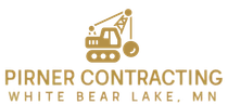 Logo for Pirner Contracting of White Bear Lake, MN, features a gold demolition machine and company name.