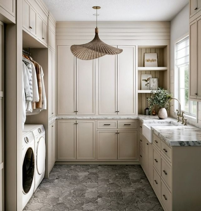 Elegant laundry room with beige cabinets, marble counters, washer, and woven pendant light