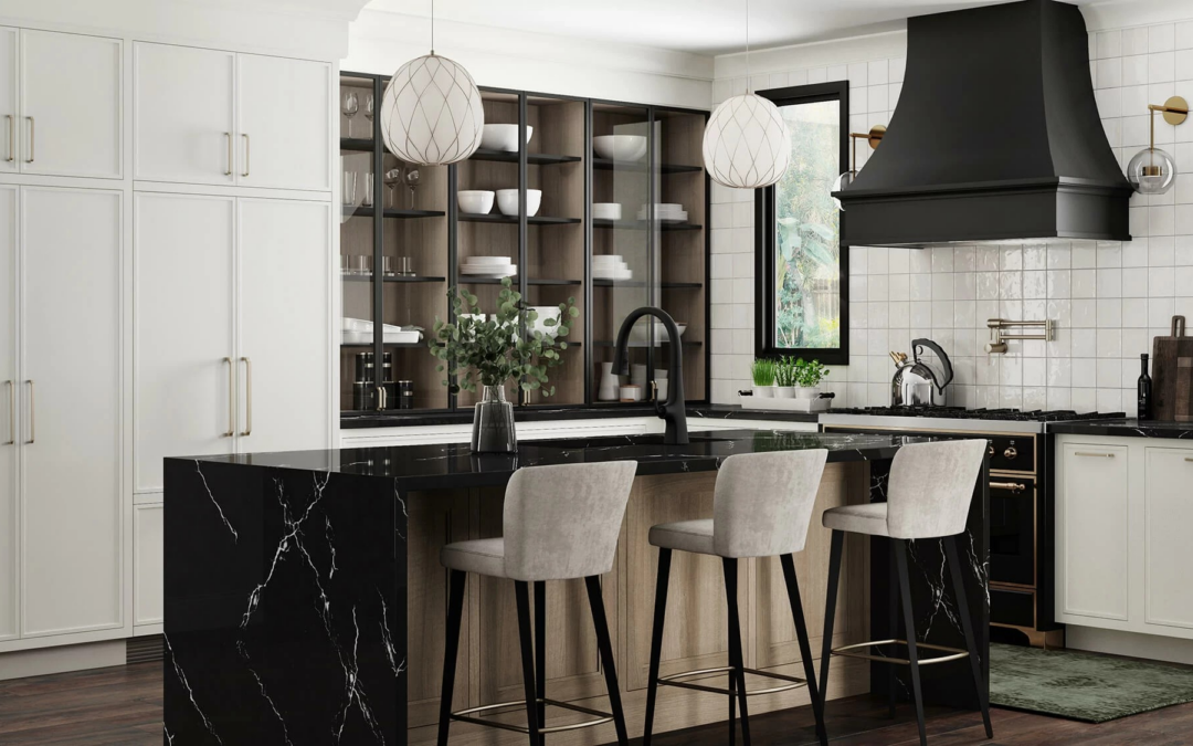 Modern kitchen with black island, white cabinets, bar stools, and large black range hood