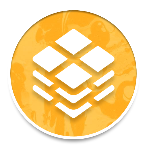 Yellow circle icon with white stacked diamonds and chevrons on a textured background