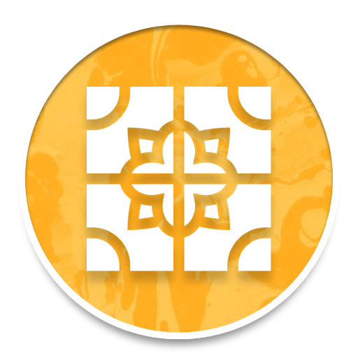 Yellow circular emblem with a white geometric floral cross pattern