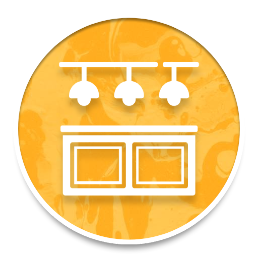 Orange circular icon with white hanging lights above two window-like panels