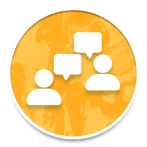 White chat icons on an orange circular background, showing people messaging