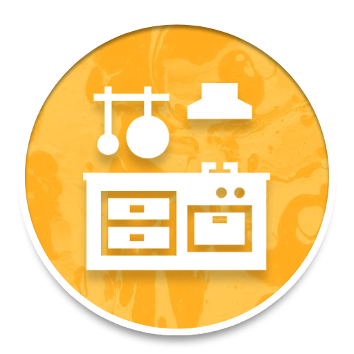 Orange circular icon with white kitchen utensils and stove silhouette, suggesting cooking or kitchen tools
