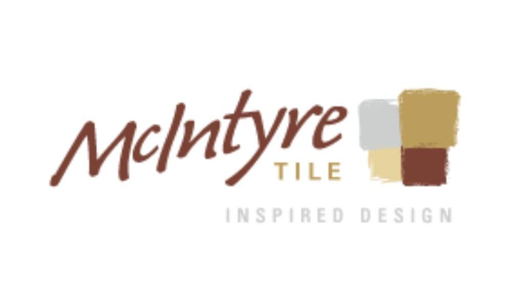 McIntyre Tile logo with stylized brown text, tile swatches, and “Inspired Design” tagline