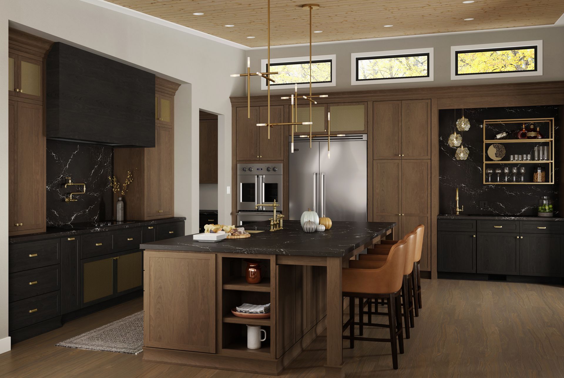 Modern kitchen with dark wood cabinets, large island, stainless fridge, and bar stools