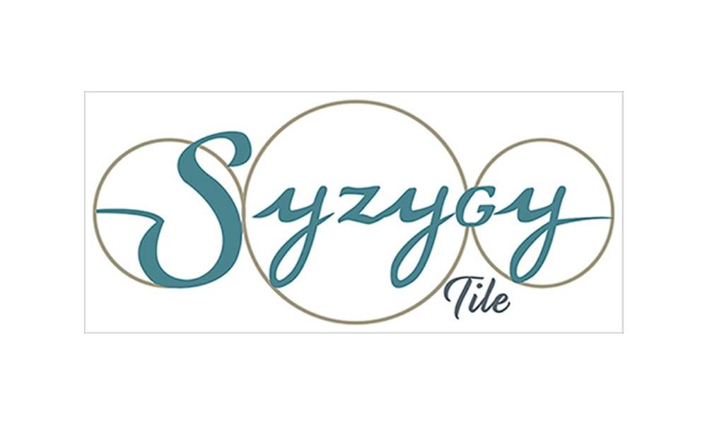 Syzygy Tile logo with teal script text and thin gold overlapping circles on a white background
