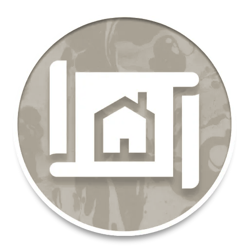Orange circular housing icon with white house and frame lines