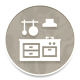 Orange circular icon with white kitchen utensils and stove silhouette, suggesting cooking or kitchen tools