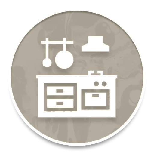 Orange circular icon with white kitchen utensils and stove silhouette, suggesting cooking or kitchen tools