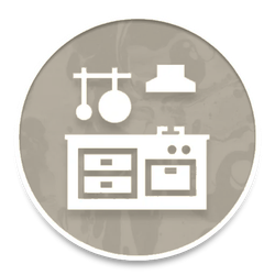 White kitchen utensils and stove icon on a yellow circular background