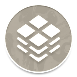 Yellow circular icon with stacked white chevrons and diamond shapes, resembling a download or file logo