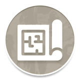 Orange circular icon with a white maze-like square and a rolled paper/scroll symbol