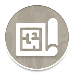 Yellow circular icon with white maze-like square and rolled paper symbol