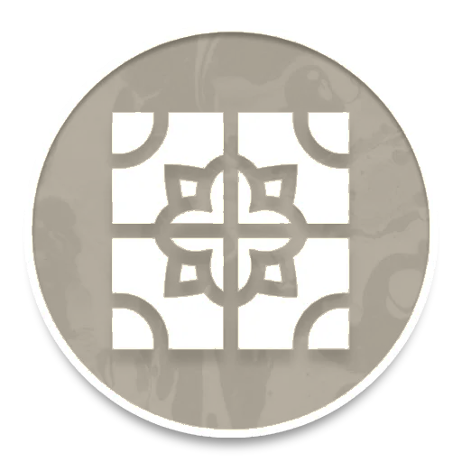 Yellow circular emblem with a white geometric floral cross pattern