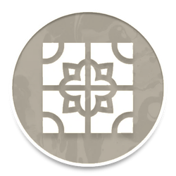 Orange circular logo with a white geometric floral pattern and cross motif