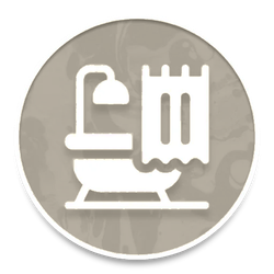 White icon of a toilet and shower on an orange circular background