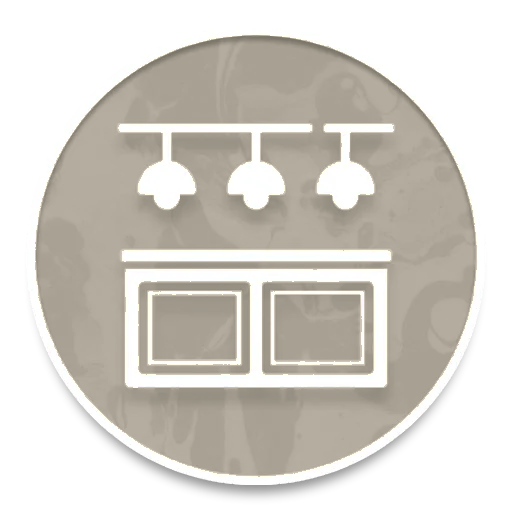 Orange circular icon with white hanging lights above two window-like panels