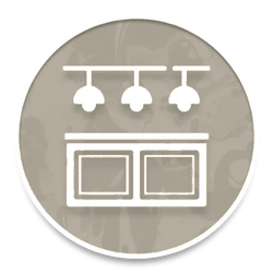 Orange circular icon with white ceiling lights above two front panels, like a store display