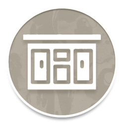 Orange circular icon with a white storefront or display case symbol