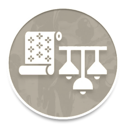 Orange circular icon with white balance scale and a document with symbols
