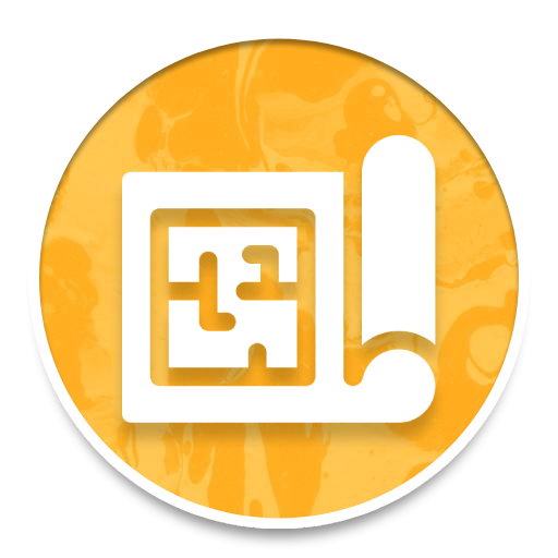 Orange circular icon with a white maze-like square and a rolled paper/scroll symbol