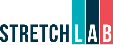 The stretch lab logo is blue , red , and white.