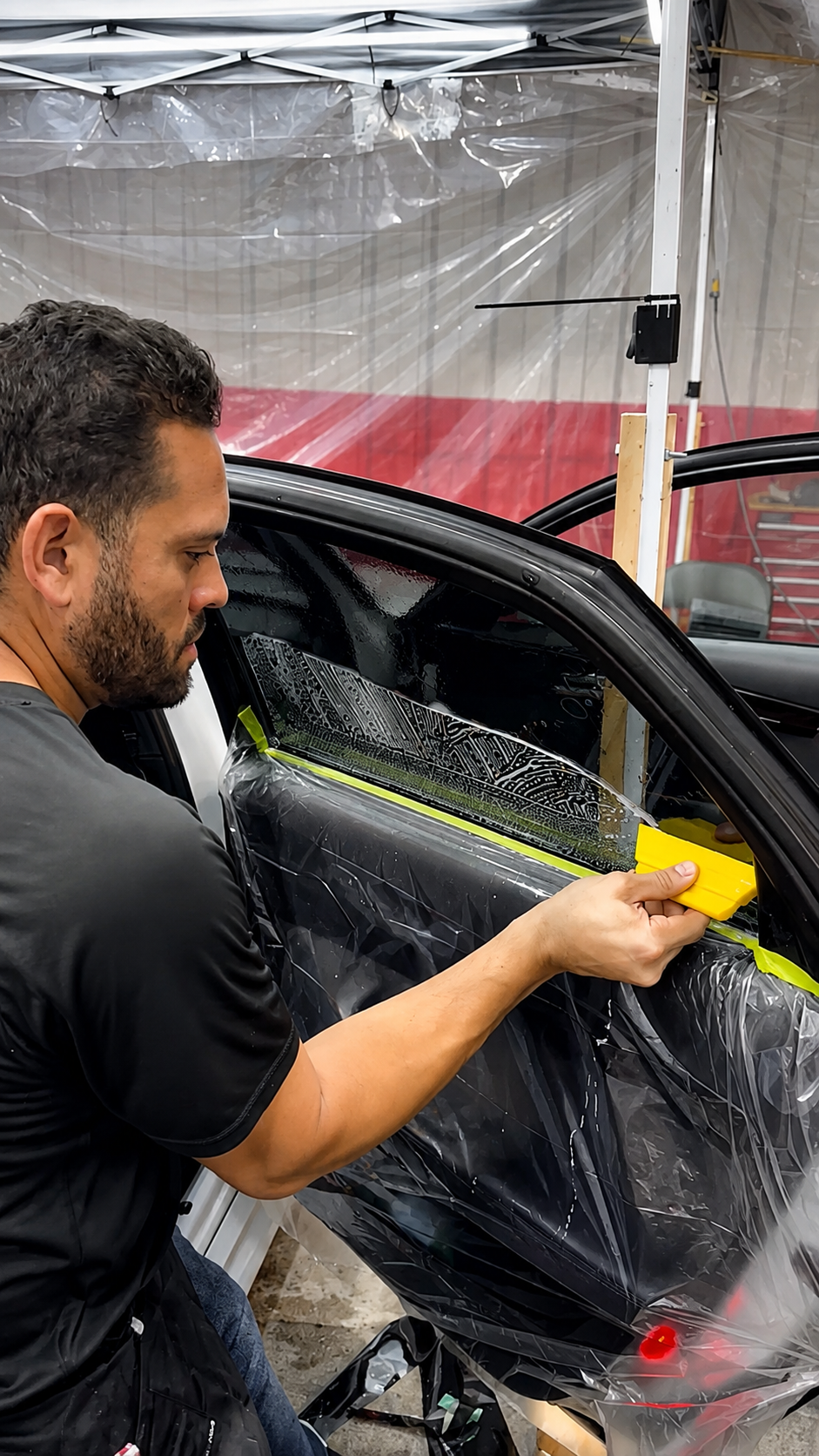 Man cleaning a car windshield outdoors, using a phone as a mirror. Bright sunlight.