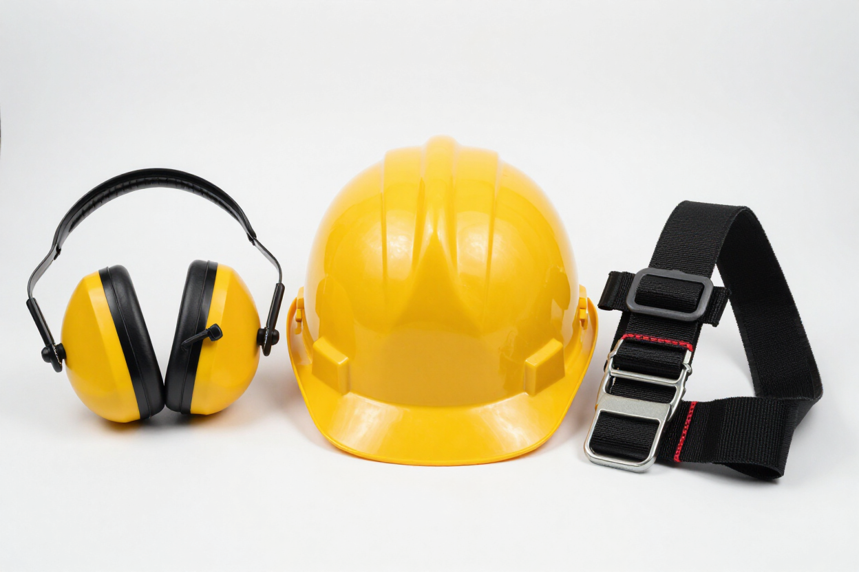 Casco amarillo, auriculares con protección auditiva y arnés de seguridad negro sobre un fondo blanco.