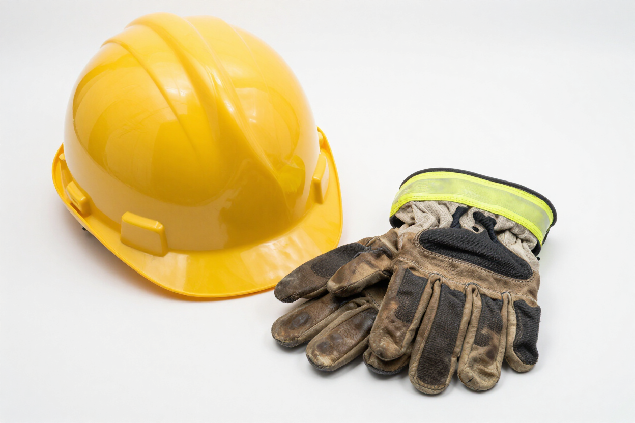 Un casco amarillo junto a unos guantes de trabajo desgastados sobre un fondo blanco.