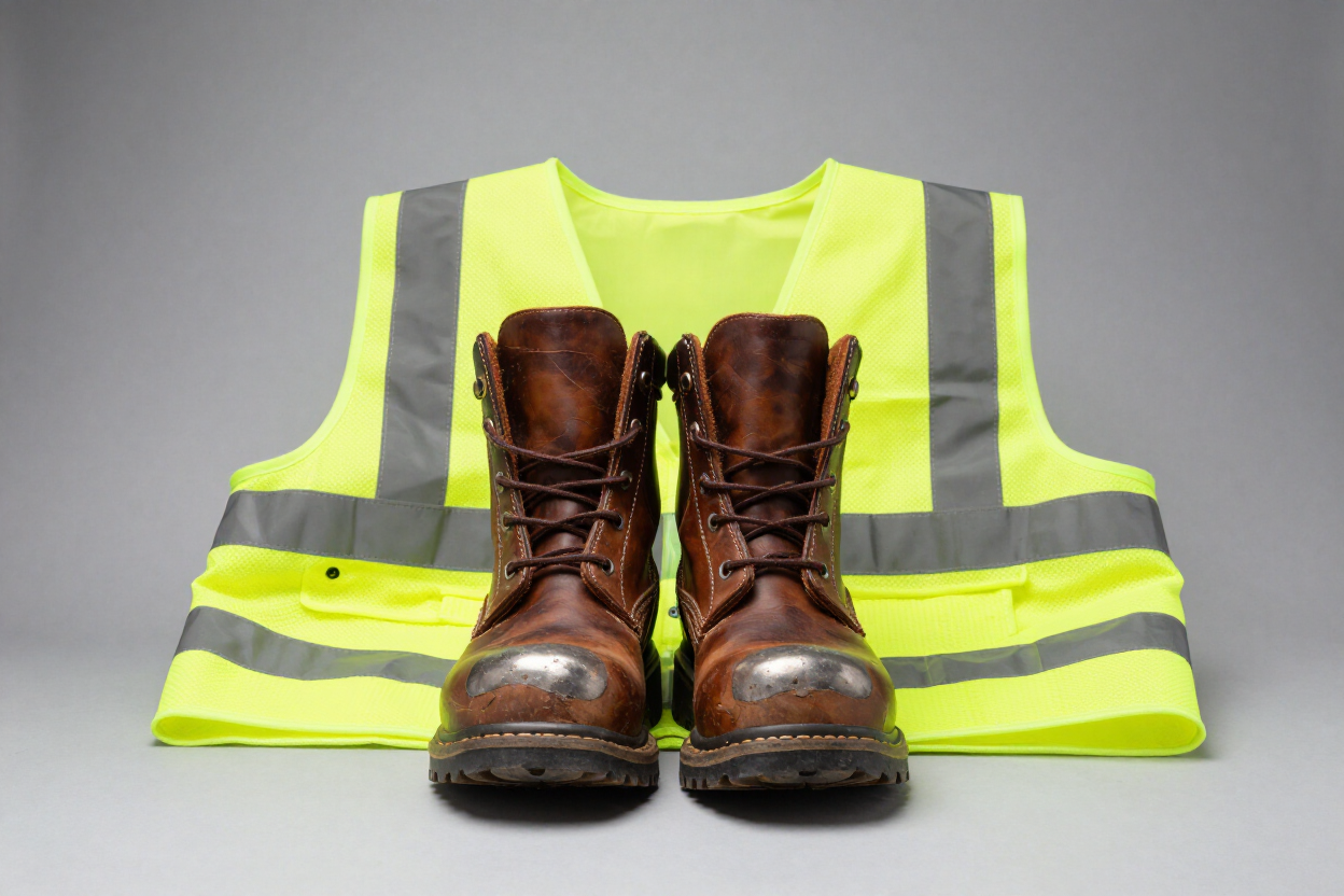 Botas de trabajo marrones delante de un chaleco de seguridad amarillo fluorescente