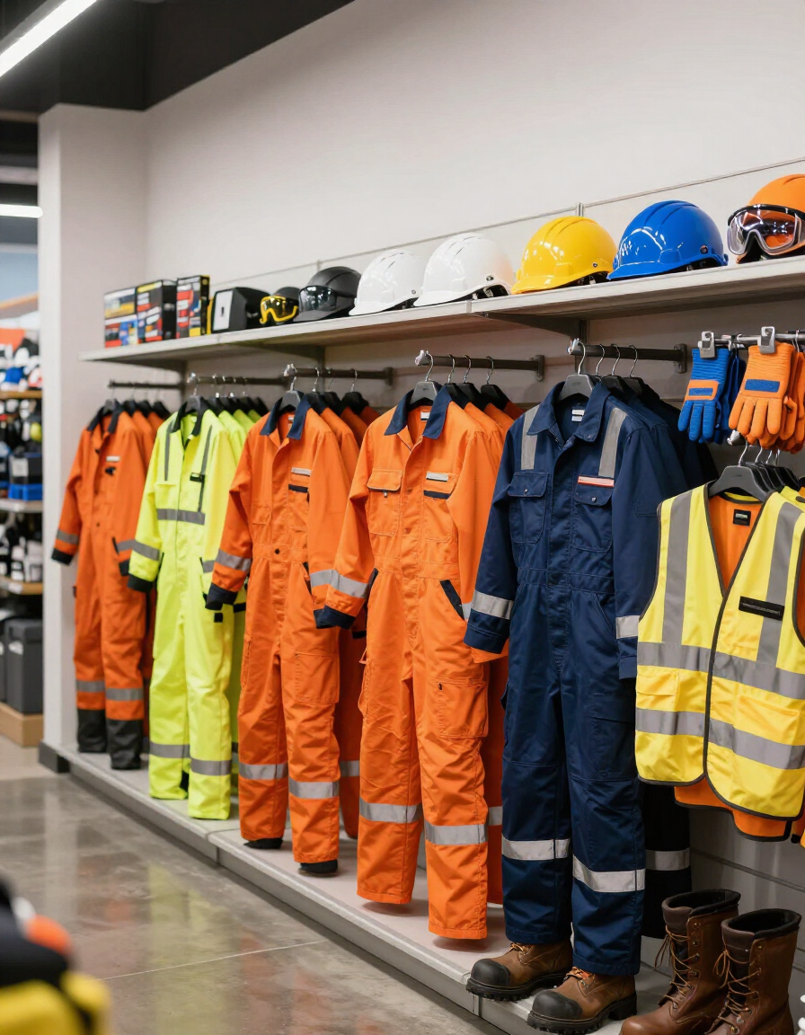 Indumentaria de trabajo y equipos de seguridad industrial en exhibición