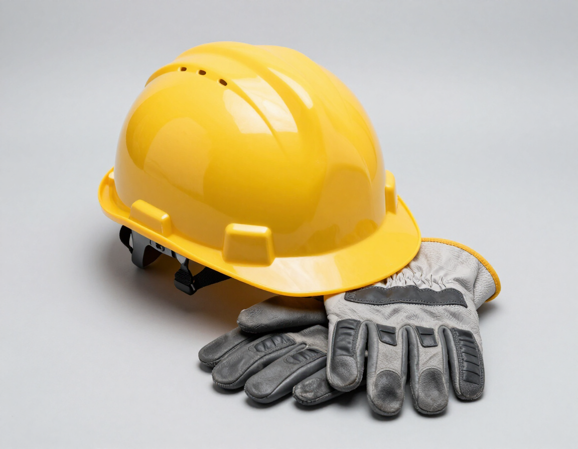 Casco amarillo y guantes de trabajo grises sobre una superficie gris claro.
