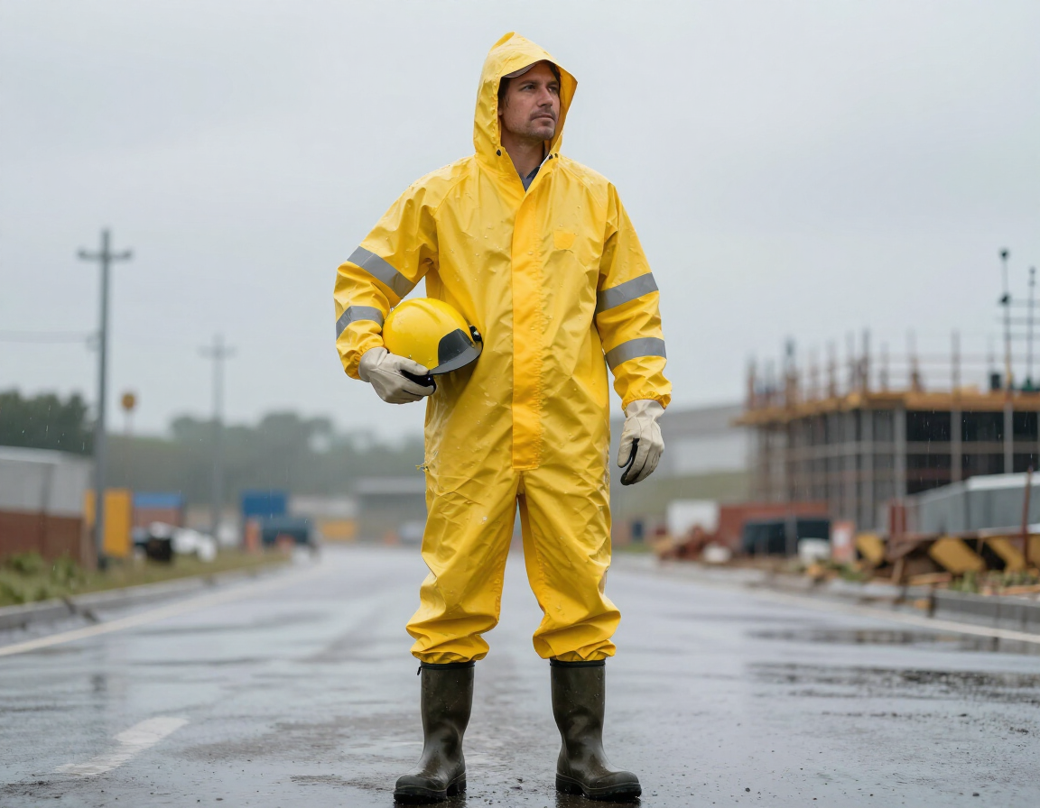 Trabajador con traje de lluvia amarillo sosteniendo un casco en una obra de construcción mojada.