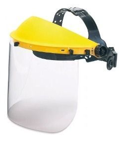 Casco amarillo con visera transparente abatible y diadema negra.