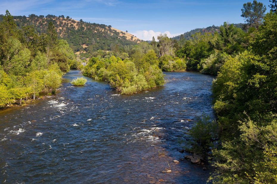Sunlit river winding through green trees and rocky hills under a clear blue skyicon