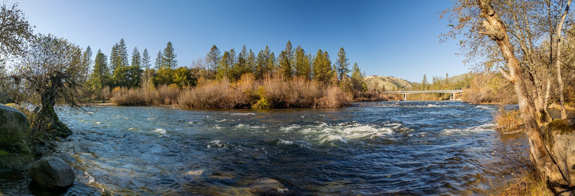 River flowing through a forested landscape under a clear blue sky, with trees and autumn foliage