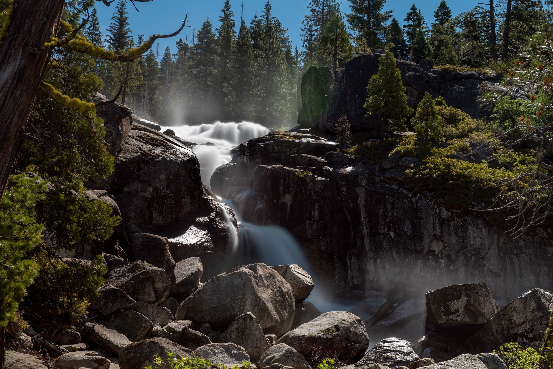 Mountain waterfall cascading over dark rocks in a forest with pine trees and mist