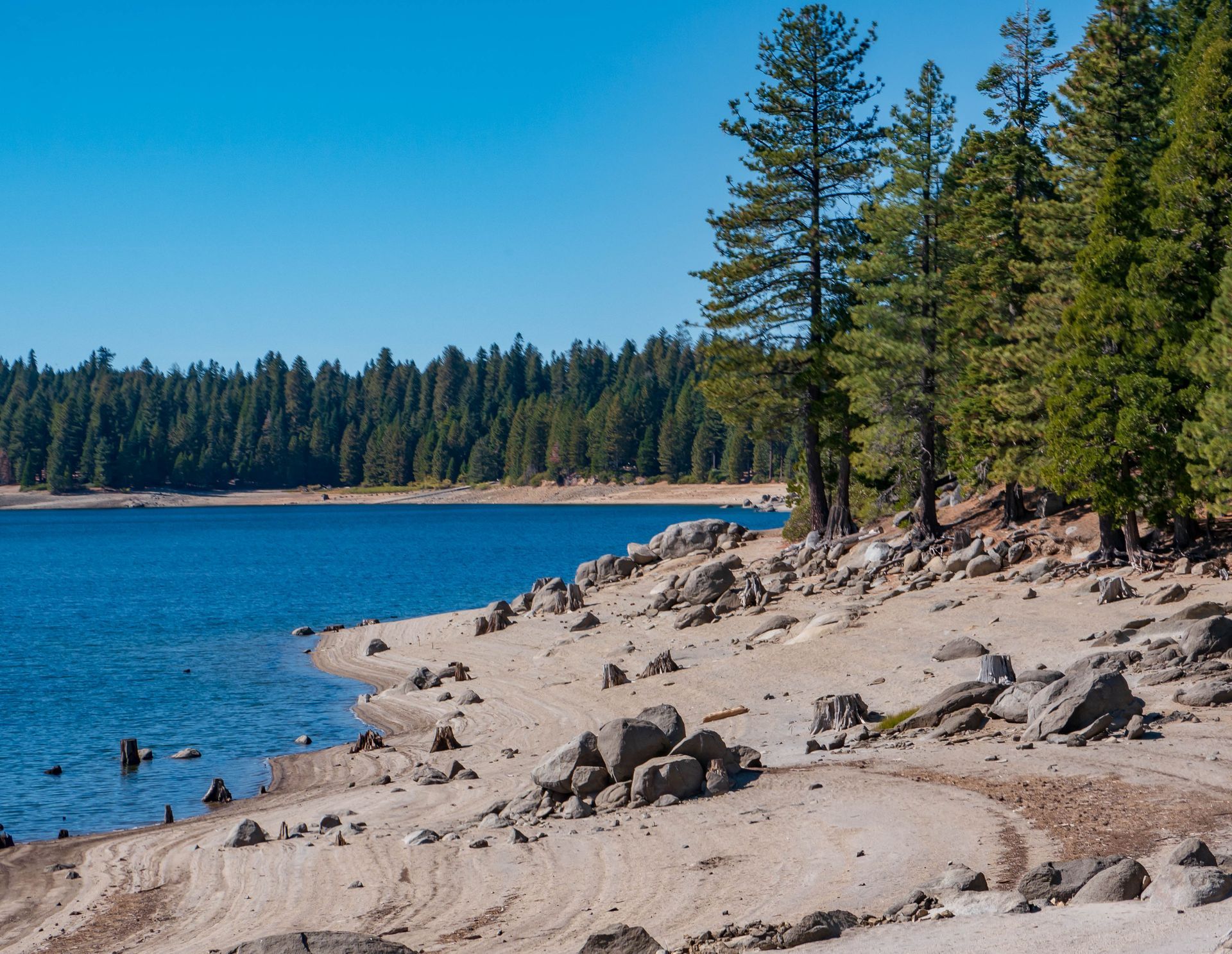 Rocky lakeshore with blue water, sandy beach, and tall pine trees under a clear sky