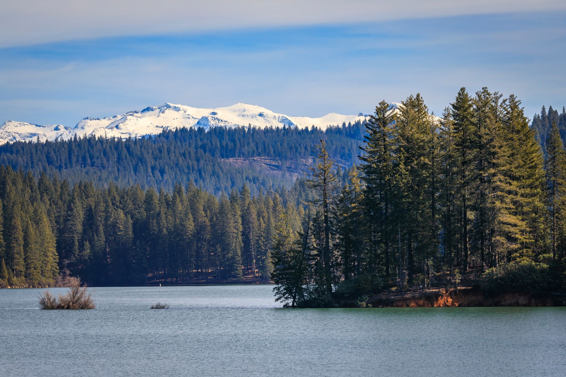 Snowy mountains above a pine-lined lake under a clear sky