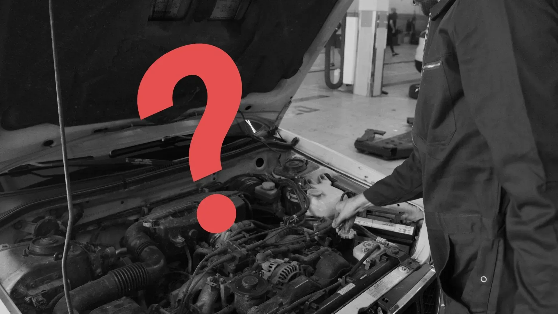 A man is looking under the hood of a car with a question mark.
