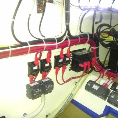 A bunch of wires are connected to a wall